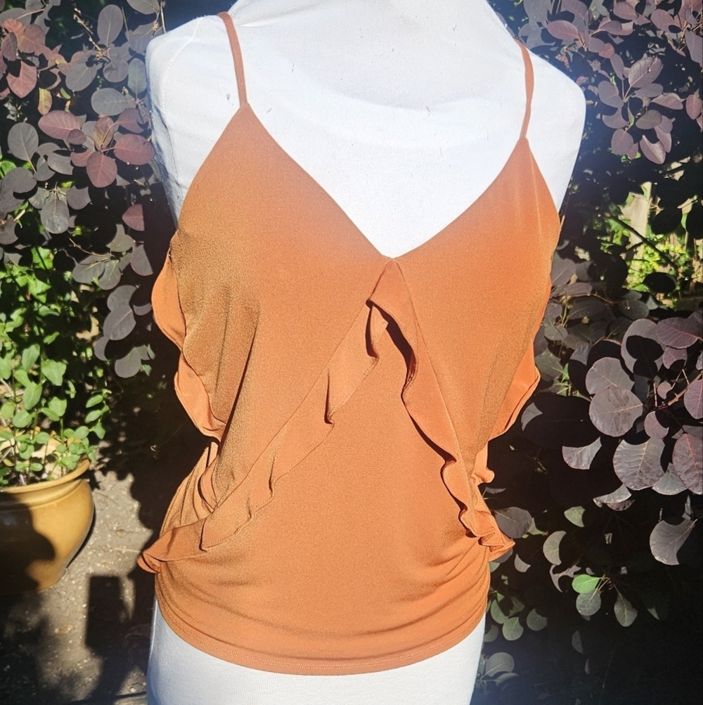 Express V Neck Ruffled Cami Tank Top Women's M Copper/ Orange Flattering